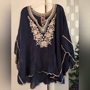 Johnny Was boho navy embroidered top